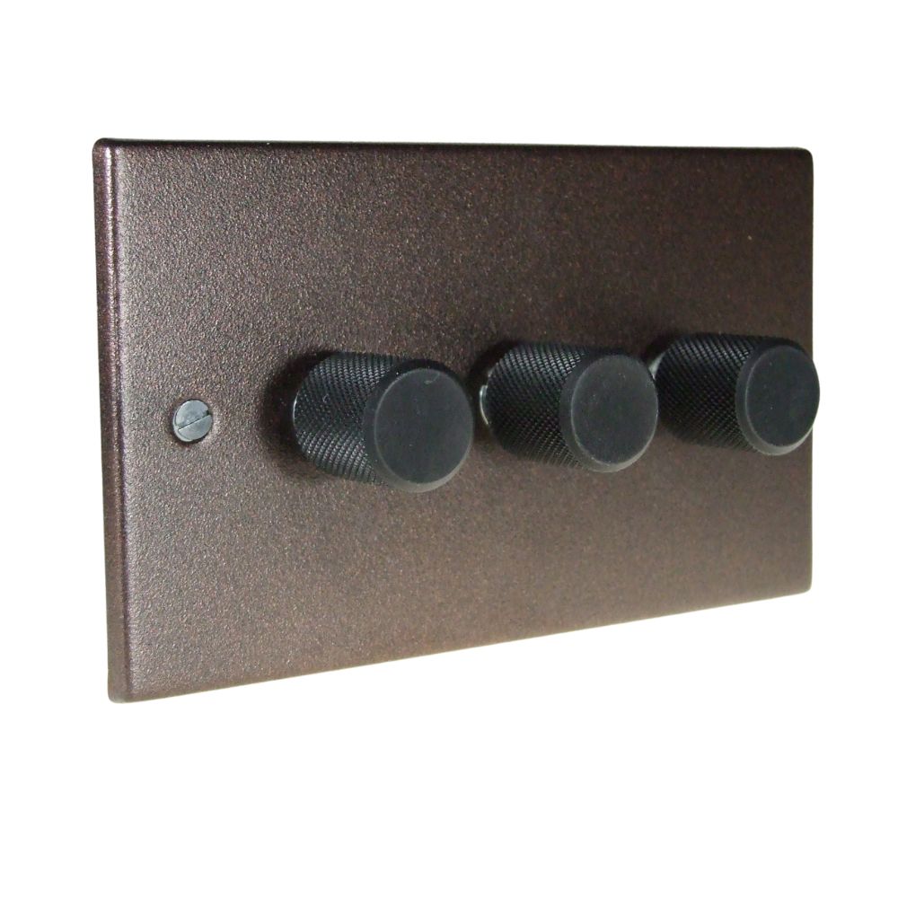 Copper Bronze Raised Metal Plate Triple 250W Dimmer Light Switch Retro Black Caps