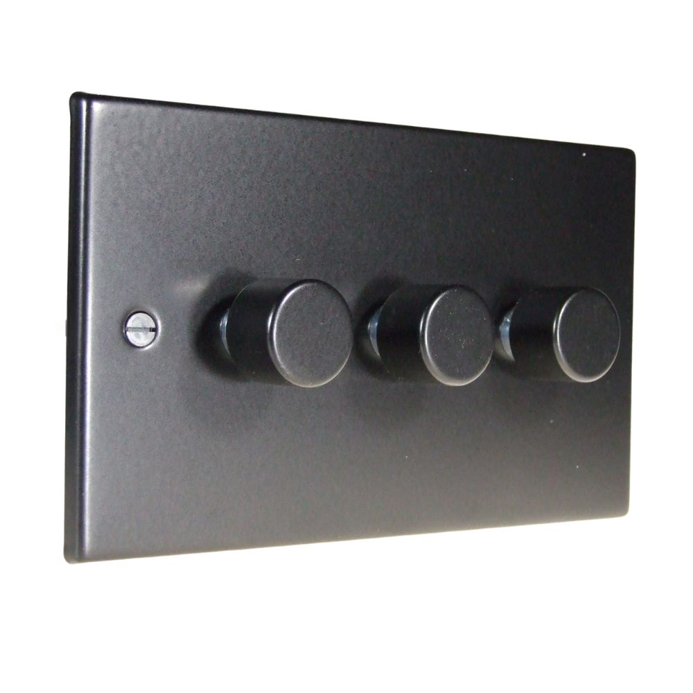 Matt Black Raised Metal Plate Triple LED Dimmer Light Switch Matching Caps