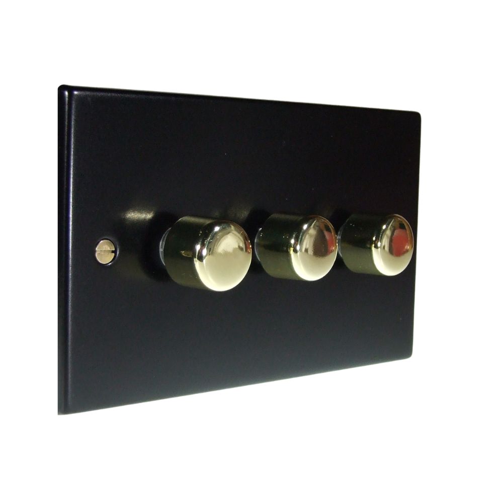 Matt Black Raised Metal Plate Triple 250W Dimmer Light Switch Polished Brass Caps