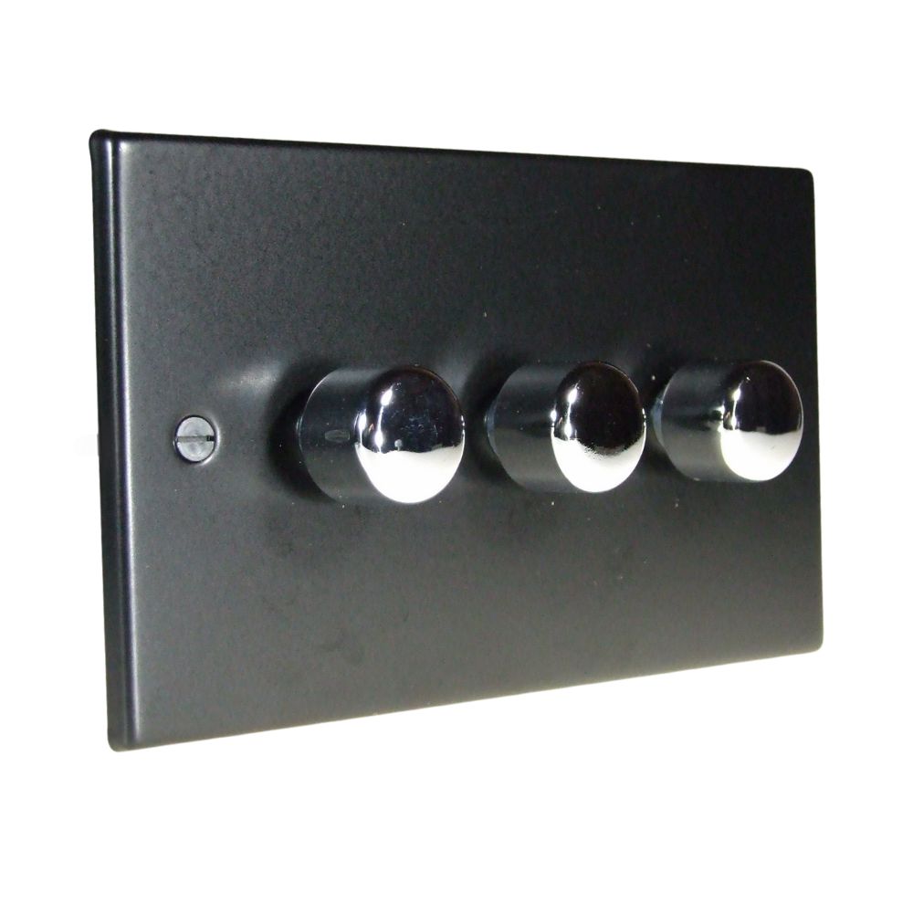 Matt Black Raised Metal Plate Triple 250W Dimmer Light Switch Polished Chrome Caps