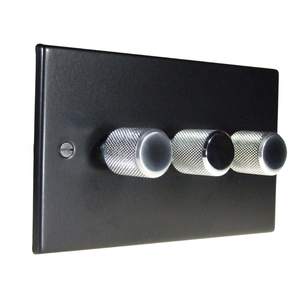 Matt Black Raised Metal Plate Triple 250W Dimmer Light Switch Retro Chrome Caps