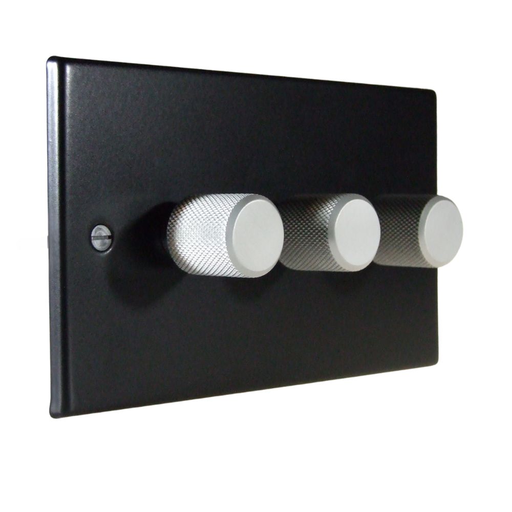 Matt Black Raised Metal Plate Triple LED Dimmer Light Switch Retro Satin Caps