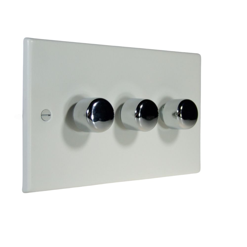 Matt White Raised Metal Plate Triple LED Dimmer Light Switch Polished Chrome Caps