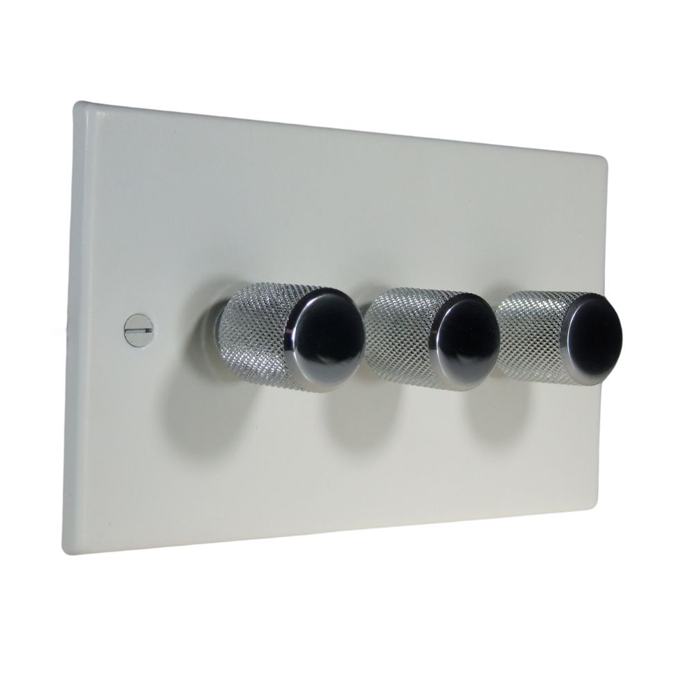 Matt White Raised Metal Plate Triple LED Dimmer Light Switch Retro Chrome Caps