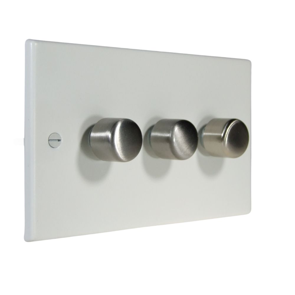 Matt White Raised Metal Plate Triple LED Dimmer Light Switch Satin Stainless Caps