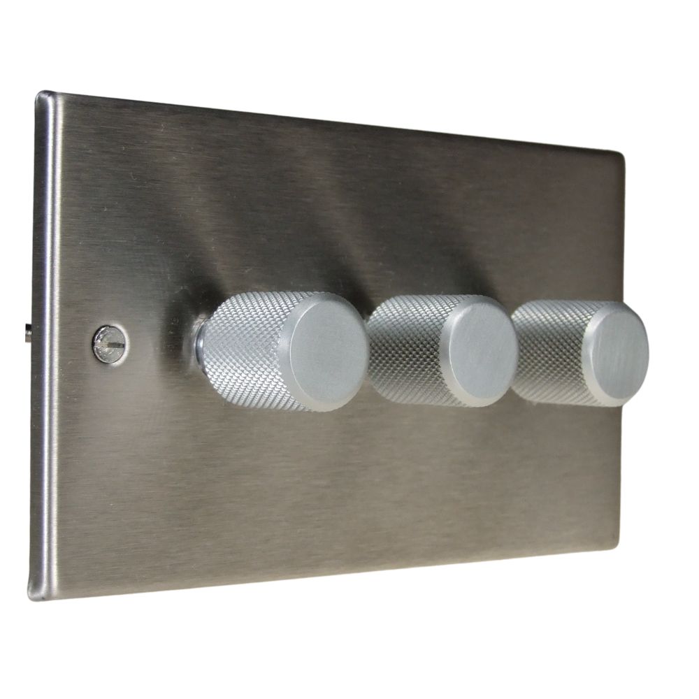Satin Stainless Raised Metal Plate Triple 250W Dimmer Light Switch Retro Satin Caps