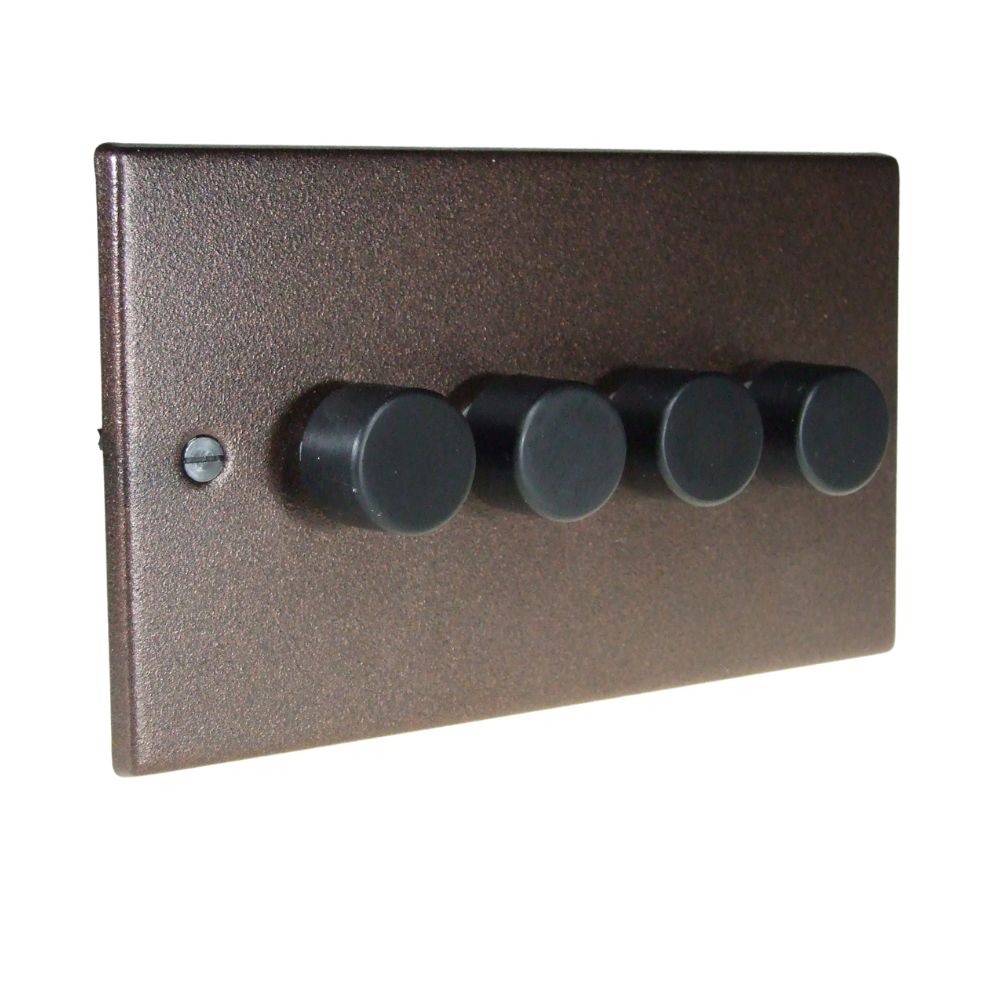 Copper Bronze Raised Metal Plate 4 250W Dimmer Light Switch Black Caps
