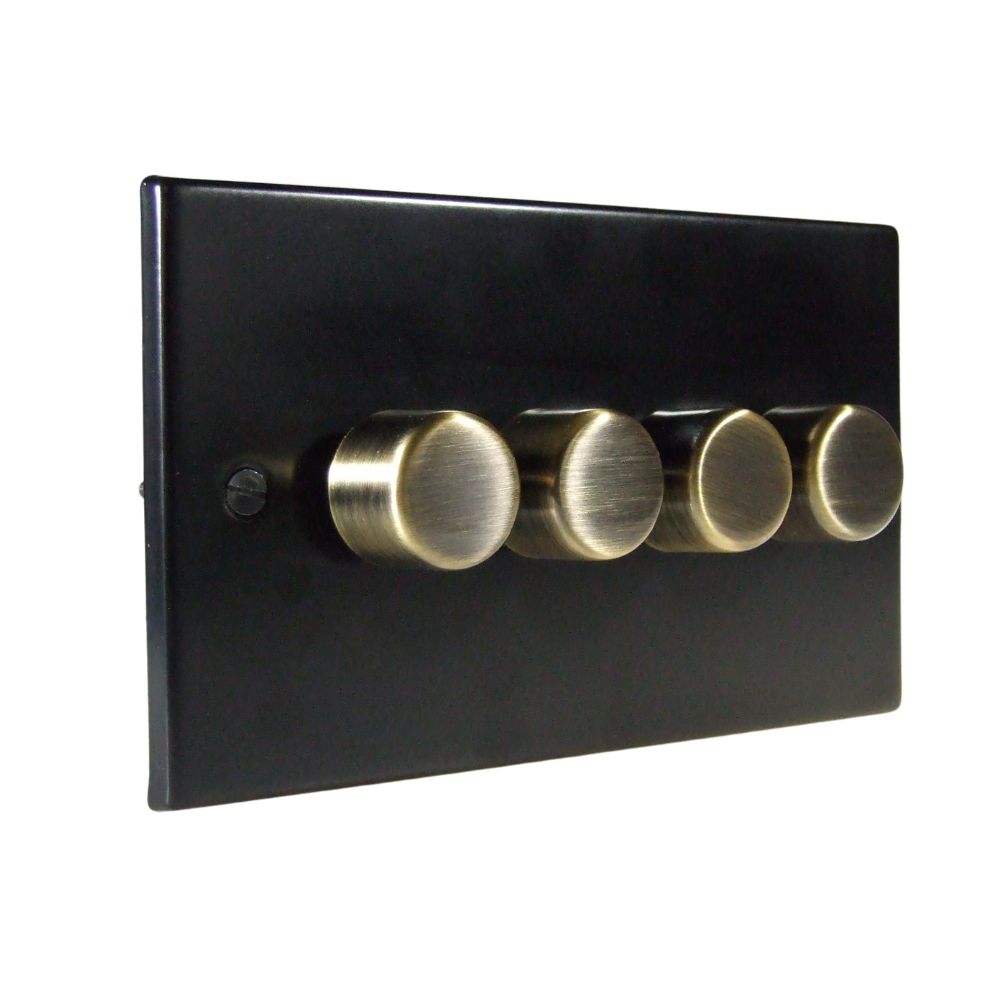 Matt Black Raised Metal Plate 4 LED Dimmer Light Switch Antique Brass Caps