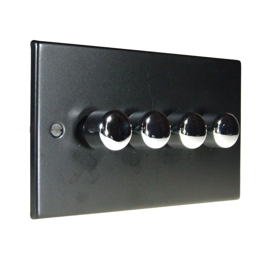 Matt Black Raised Metal Plate 4 LED Dimmer Light Switch Polished Chrome Caps