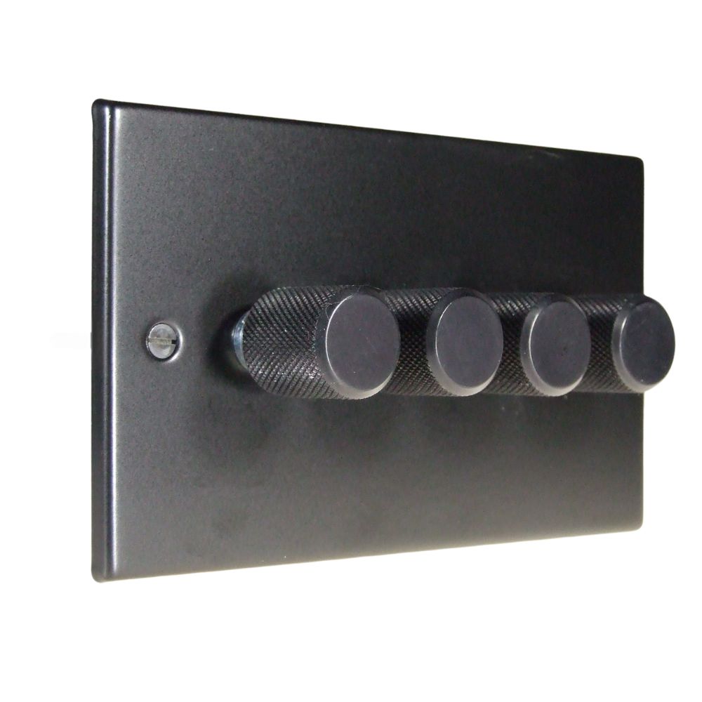 Matt Black Raised Metal Plate 4 LED Dimmer Light Switch Retro Black Caps