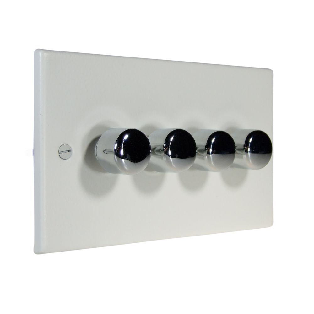 Matt White Raised Metal Plate 4 LED Dimmer Light Switch Polished Chrome Caps