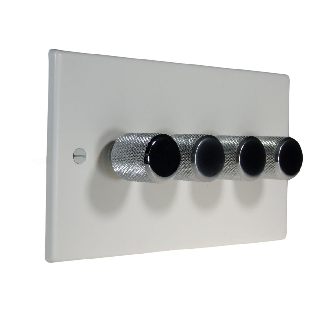Matt White Raised Metal Plate 4 LED Dimmer Light Switch Retro Chrome Caps