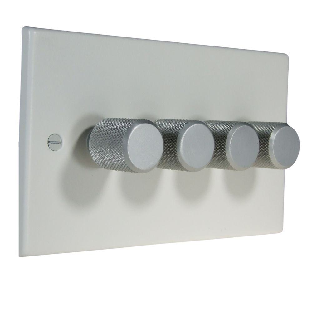 Matt White Raised Metal Plate 4 250W Dimmer Light Switch Retro Satin Caps