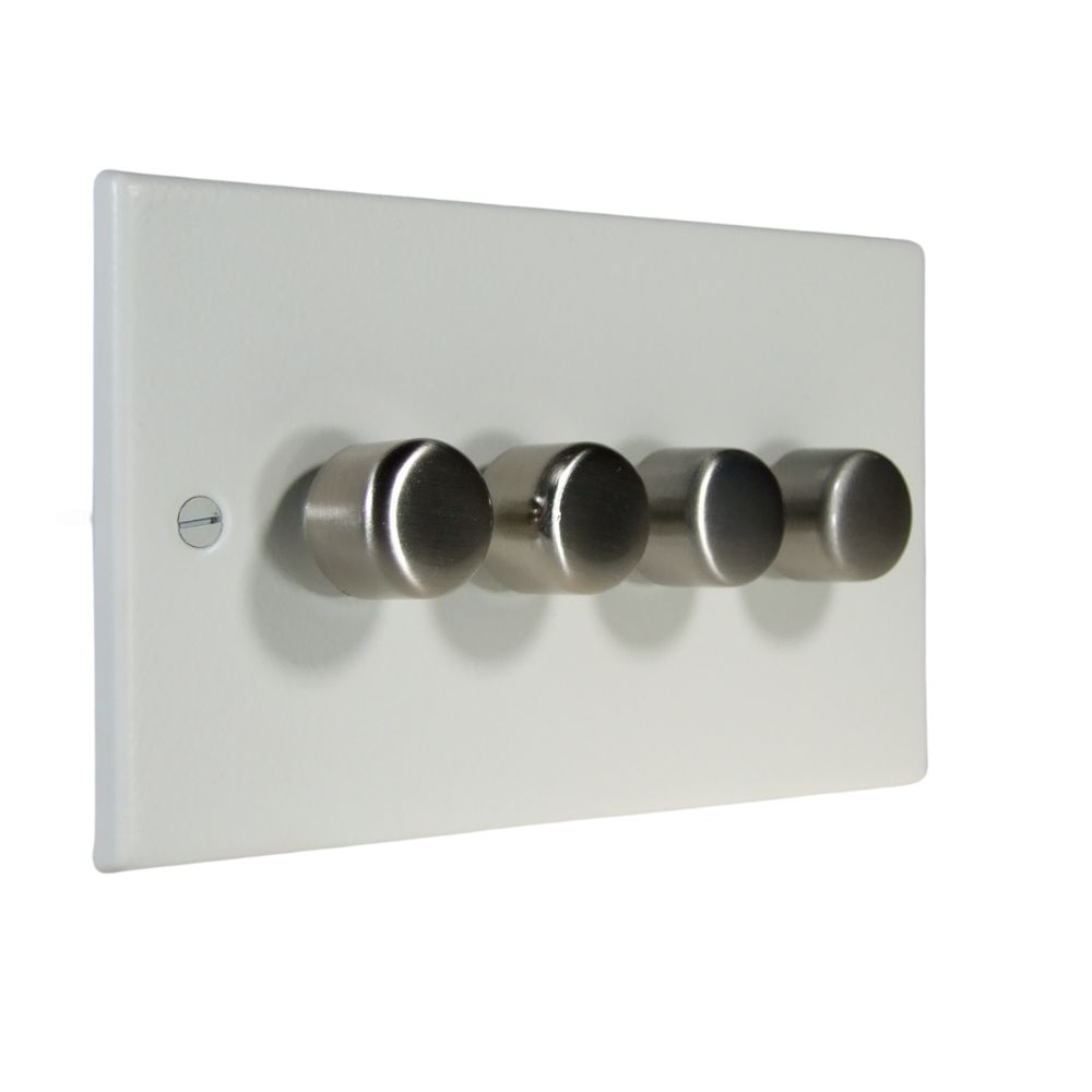 Matt White Raised Metal Plate 4 LED Dimmer Light Switch Satin Stainless Caps