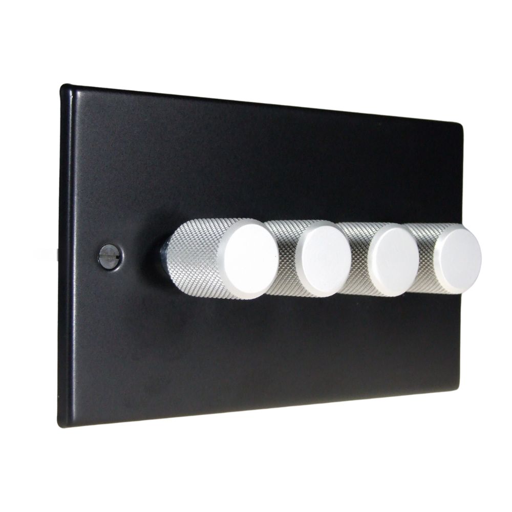 Matt Black Raised Metal Plate 4 LED Dimmer Light Switch Retro Satin Caps