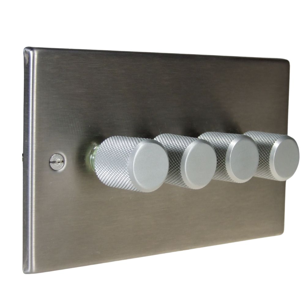 Satin Stainless Raised Metal Plate 4 250W Dimmer Light Switch Retro Satin Caps