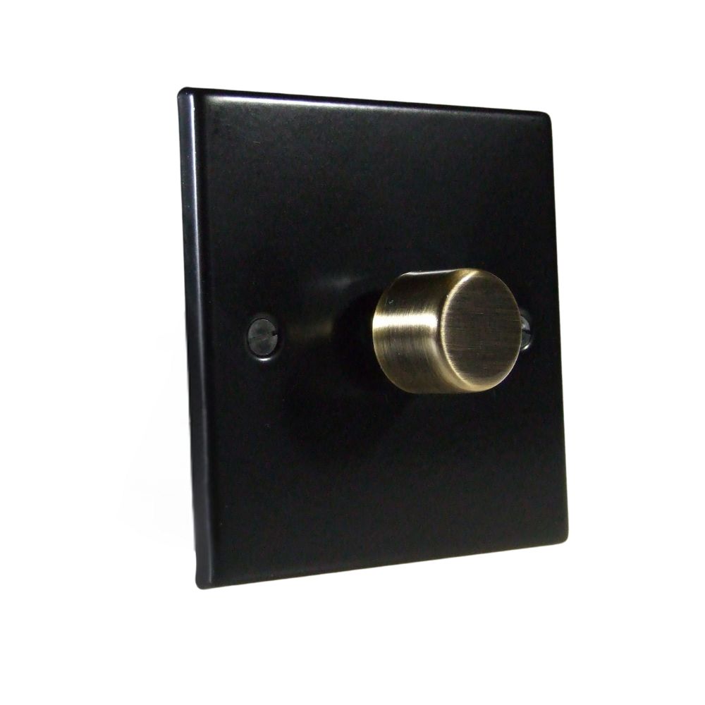 Matt Black Raised Metal Plate Single 400W Dimmer Light Switch Antique Brass Cap