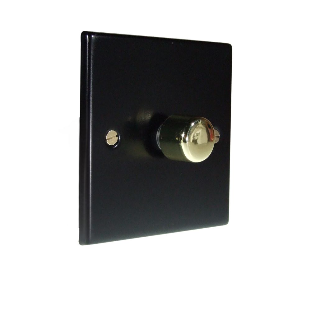 Matt Black Raised Metal Plate Single 400W Dimmer Light Switch Polished Brass Cap