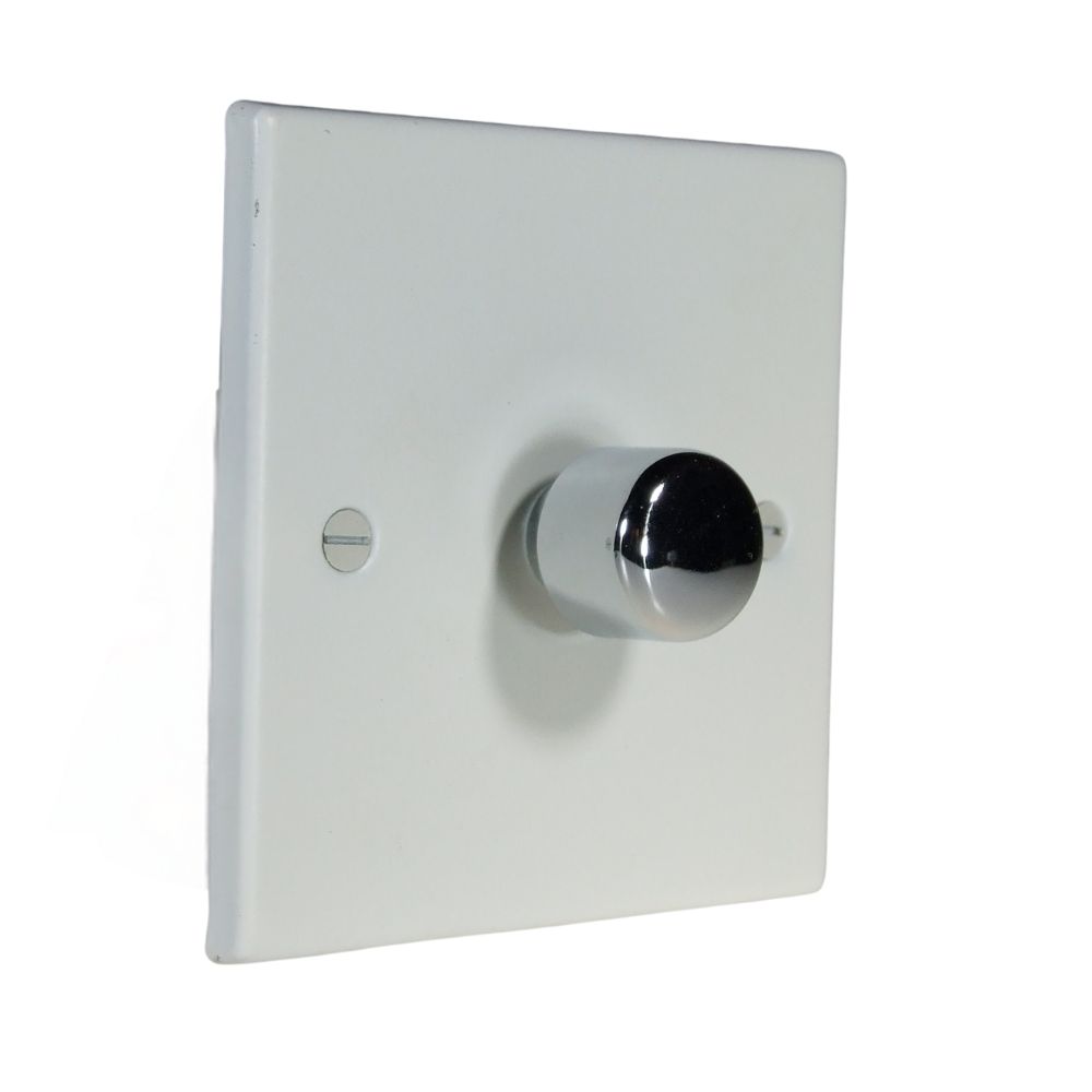 Matt White Raised Metal Plate Single LED Dimmer Light Switch Polished Chrome Cap