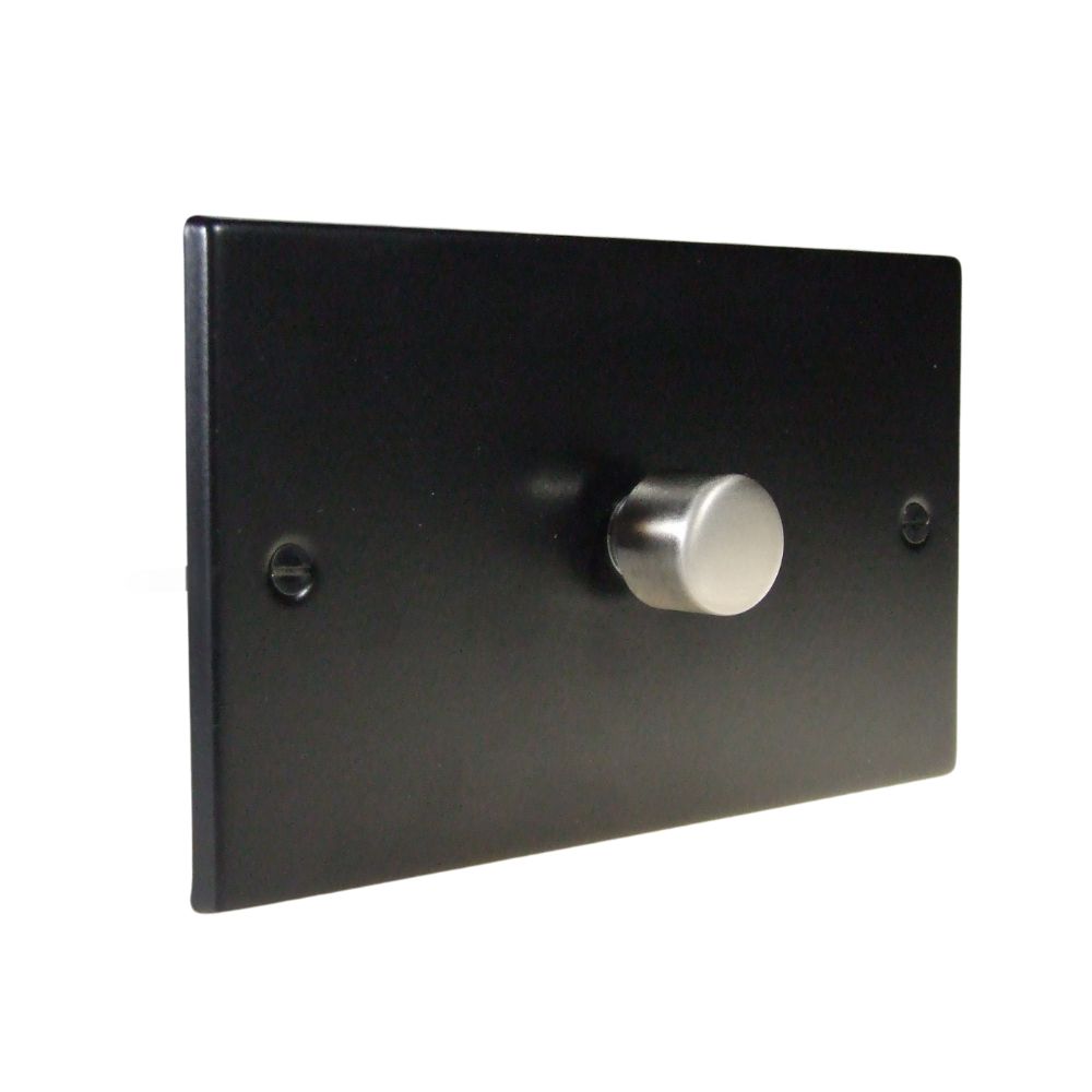 Matt Black Raised Metal Plate Single 400W Dimmer Light Switch Twin Plate Satin Stainless Cap