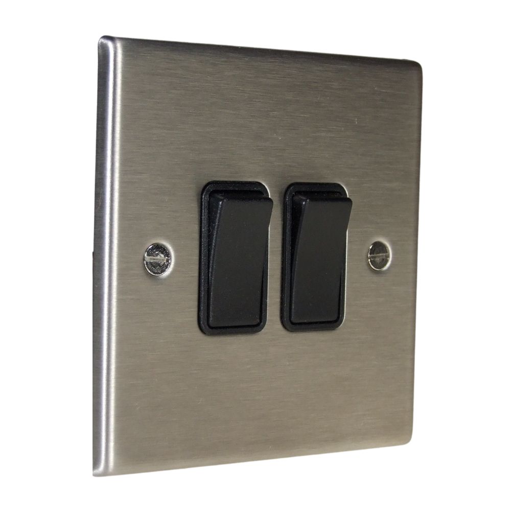 Satin Stainless Raised Metal Plate Double Light Switch Black