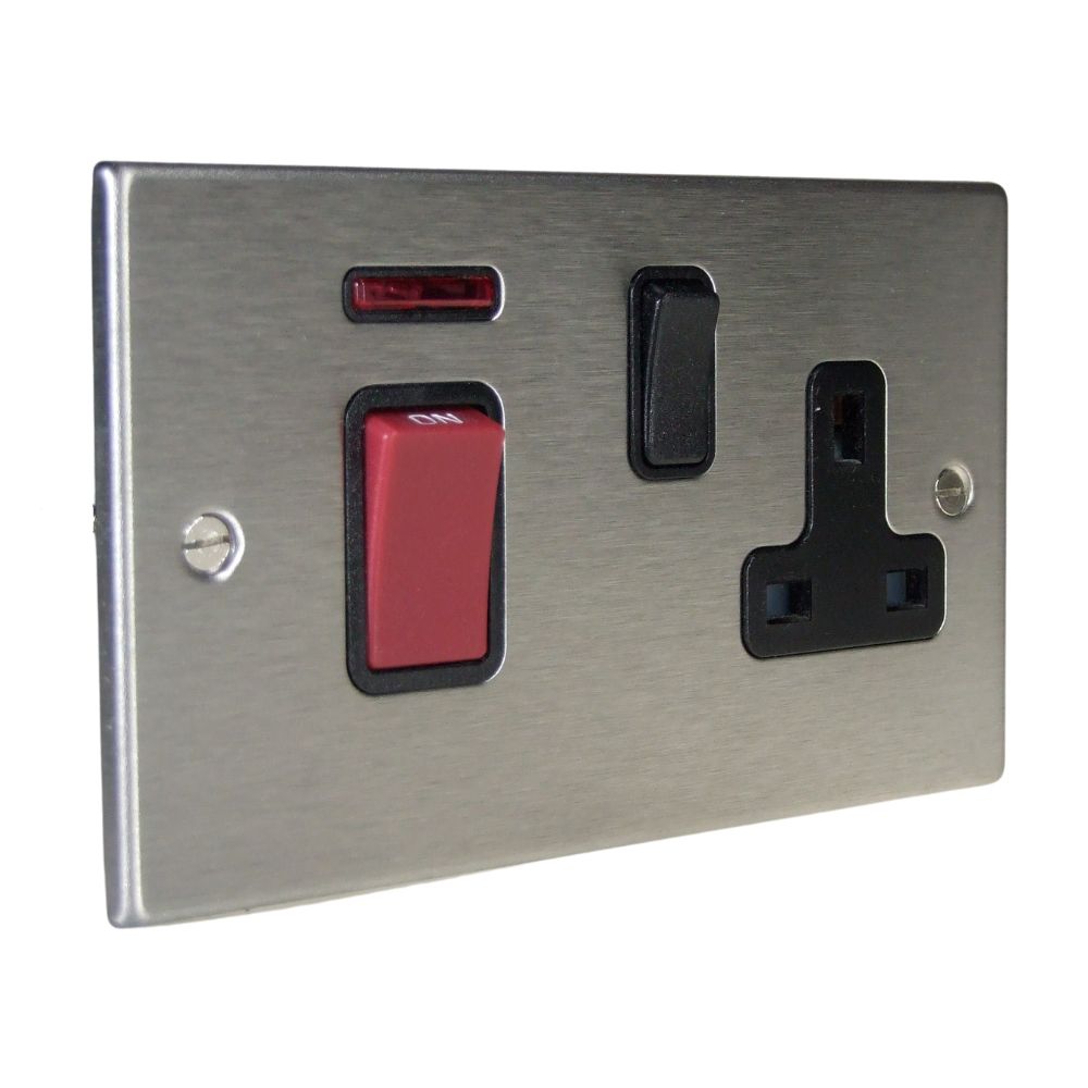 Satin Stainless Raised Metal Plate Double Pole Cooker Switch with Switched Socket Black