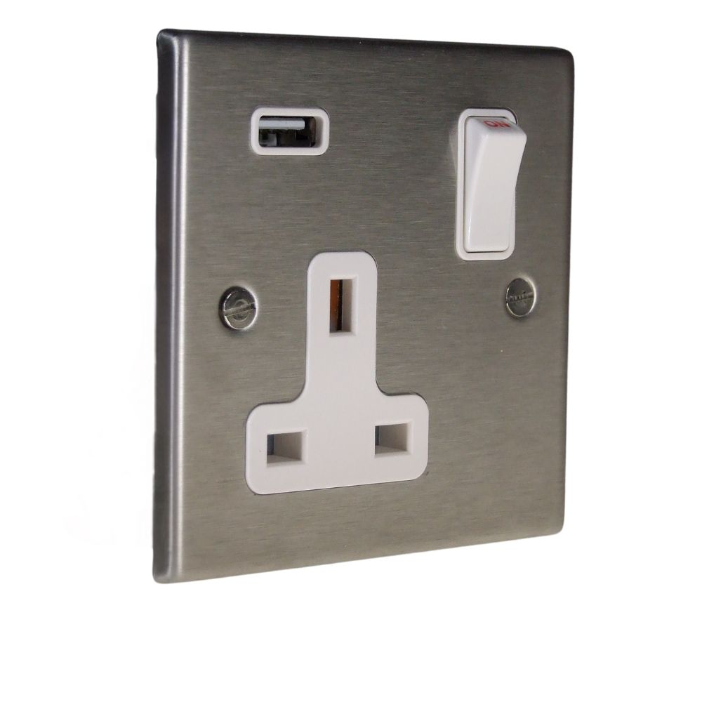 Satin Stainless Raised Metal Plate Single Switched USB Socket White