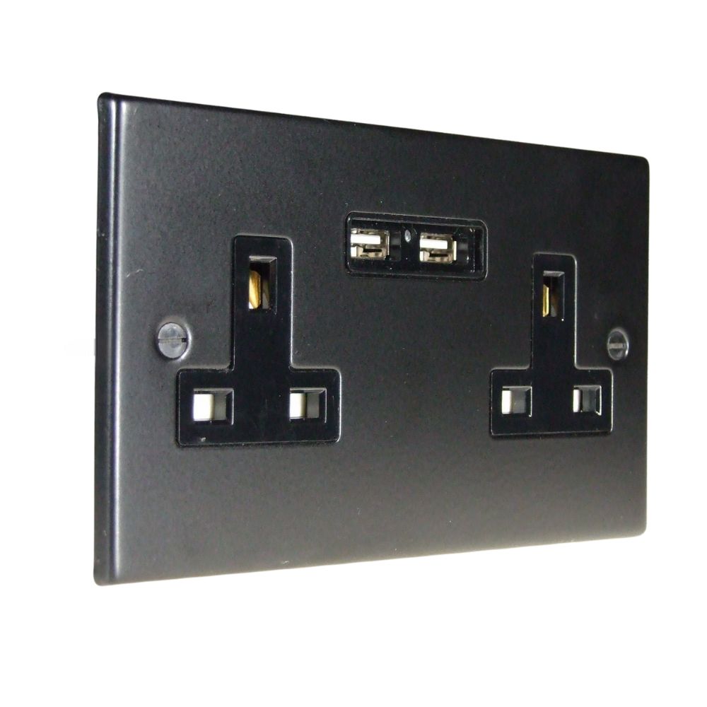 Matt Black Raised Metal Plate Unswitched Double Socket with USB Black