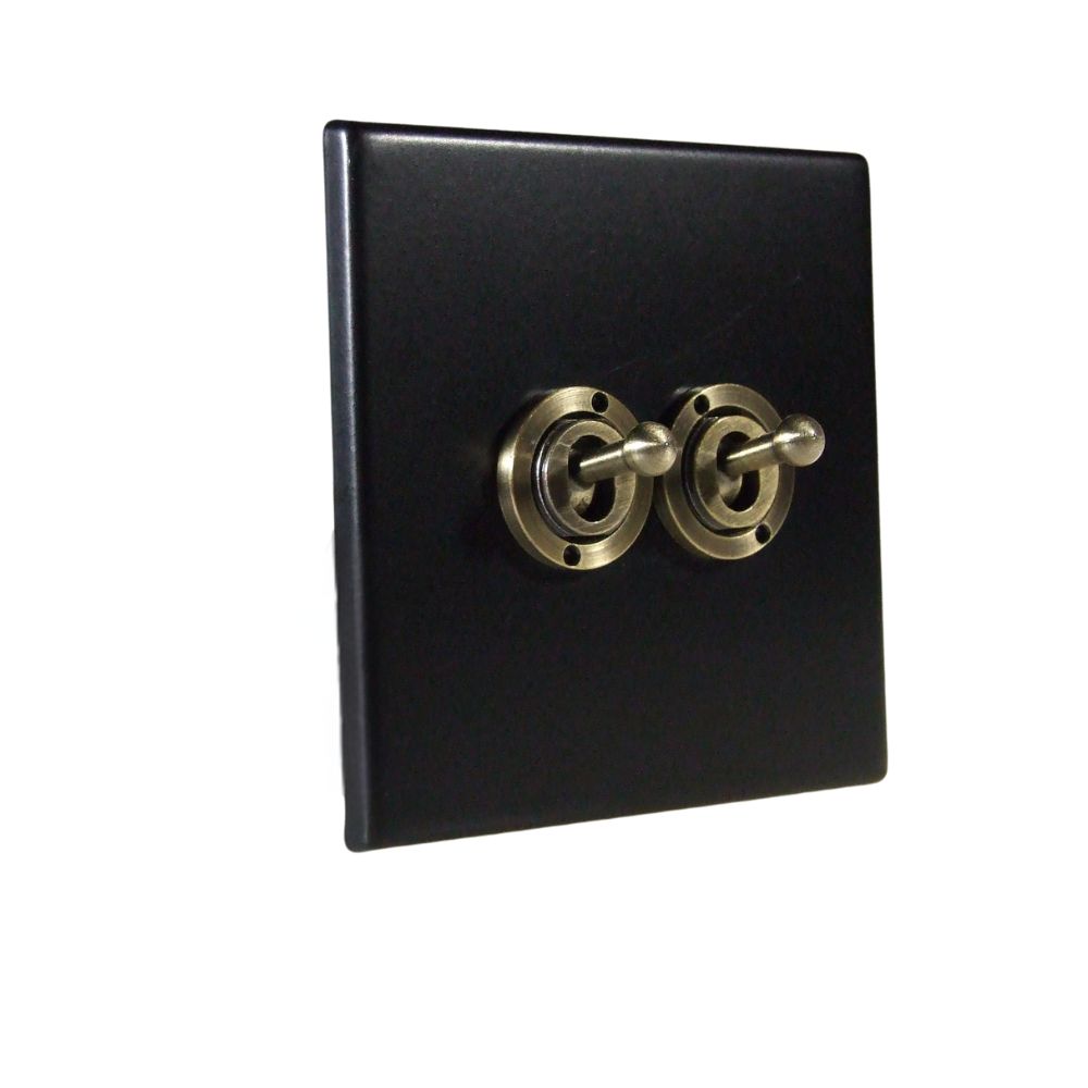 Matt Black Raised Metal Plate Double Light Switch Antique Brass Period Toggle