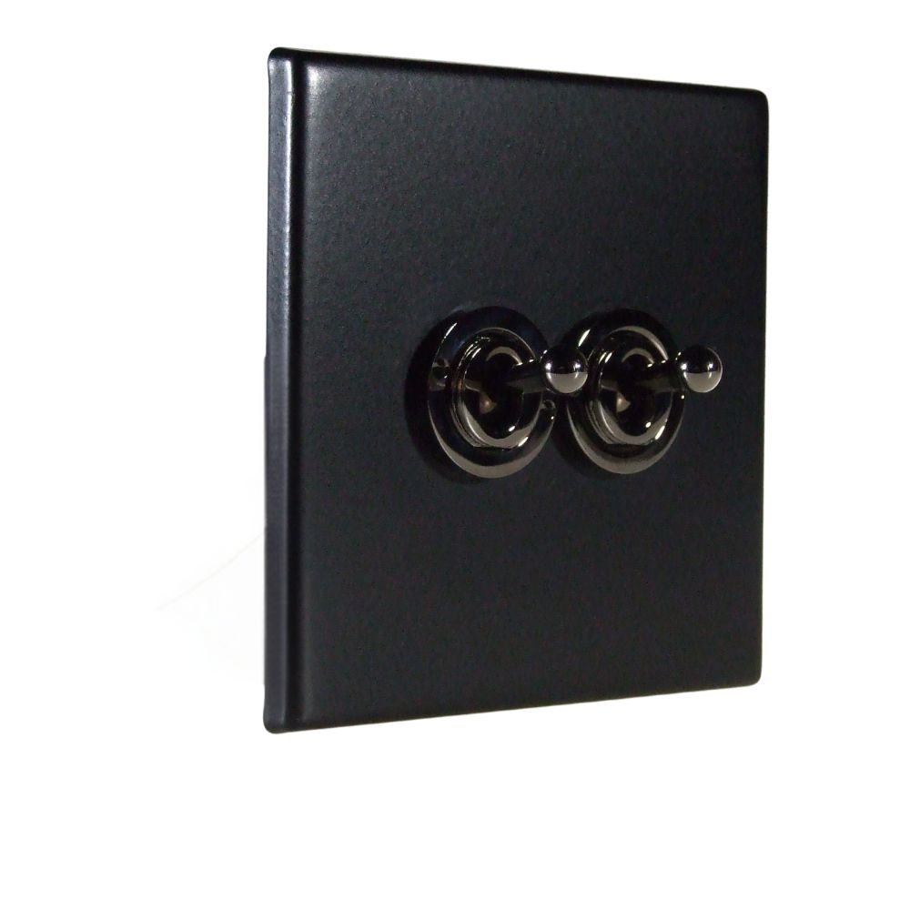 Matt Black Raised Metal Plate Double Light Switch Black Nickel Period Toggle