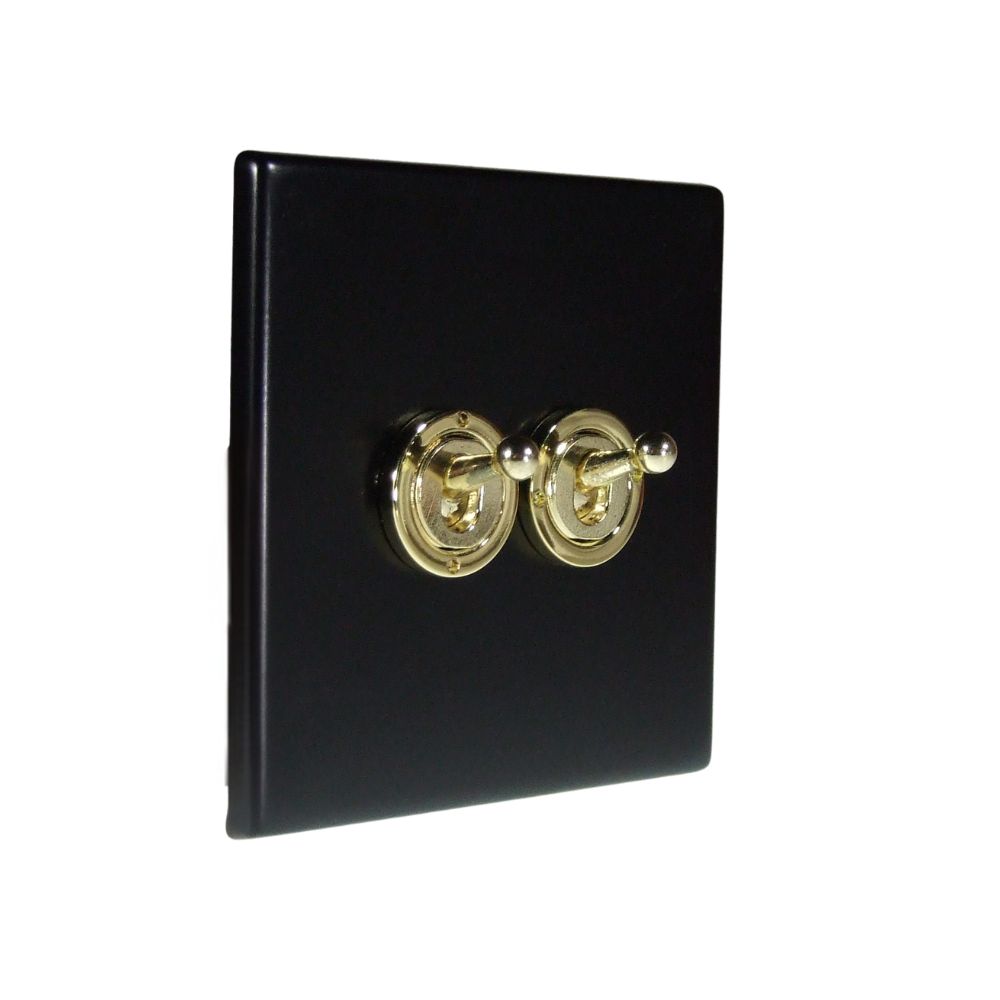 Matt Black Raised Metal Plate Double Light Switch Polished Brass Period Toggle