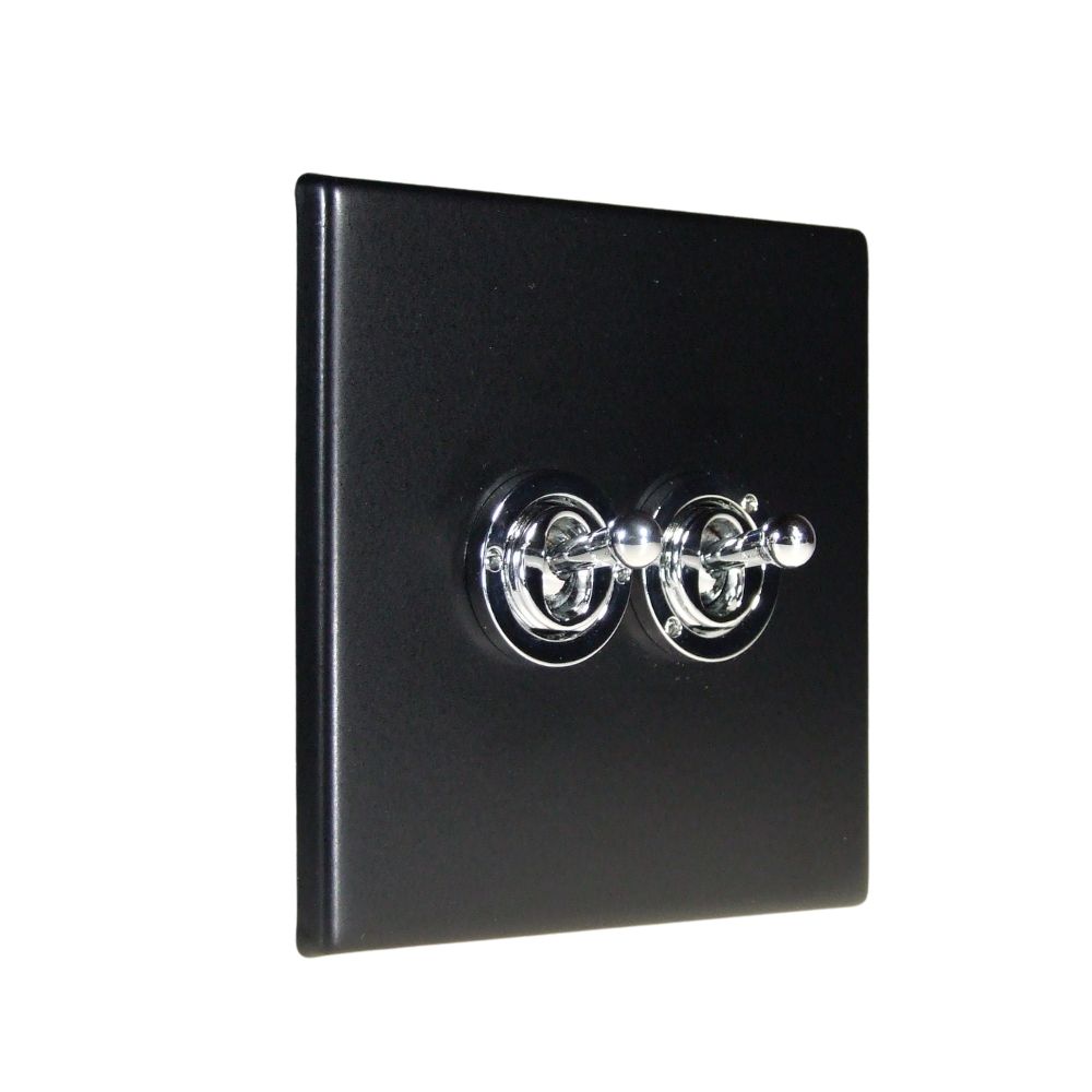 Matt Black Raised Metal Plate Double Light Switch Polished Chrome Period Toggle