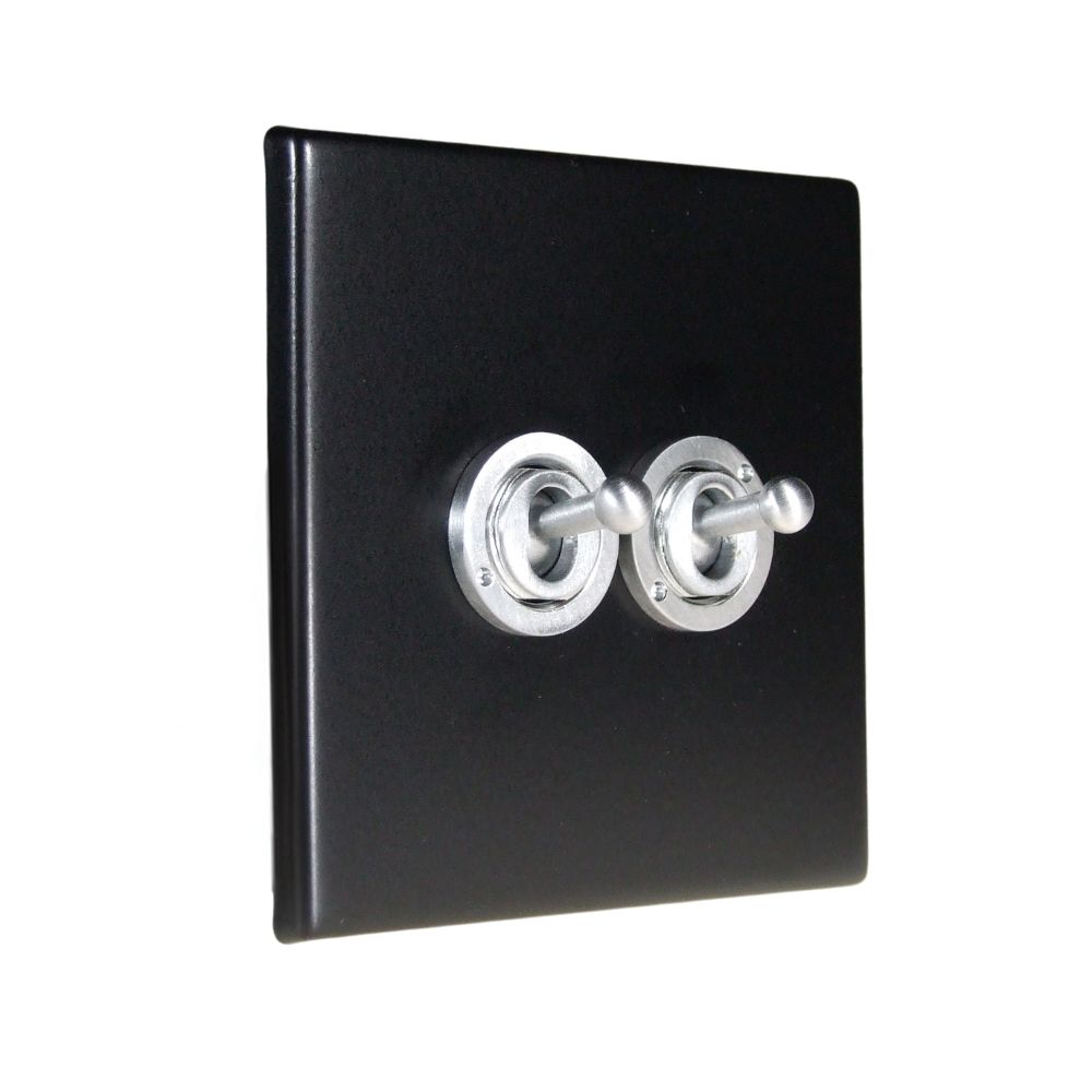 Matt Black Raised Metal Plate Double Light Switch Satin Stainless Period Toggle