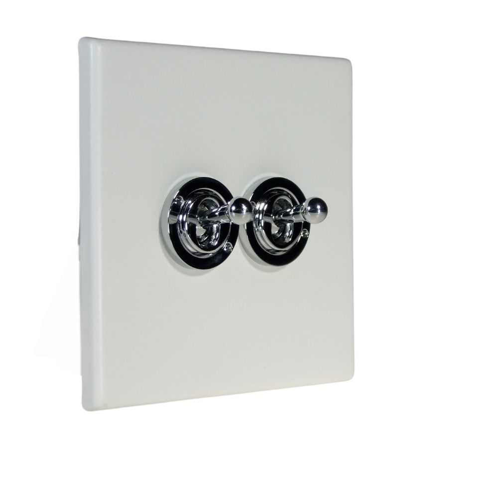 Matt White Raised Metal Plate Double Intermediate Light Switch Polished Chrome Period Toggle