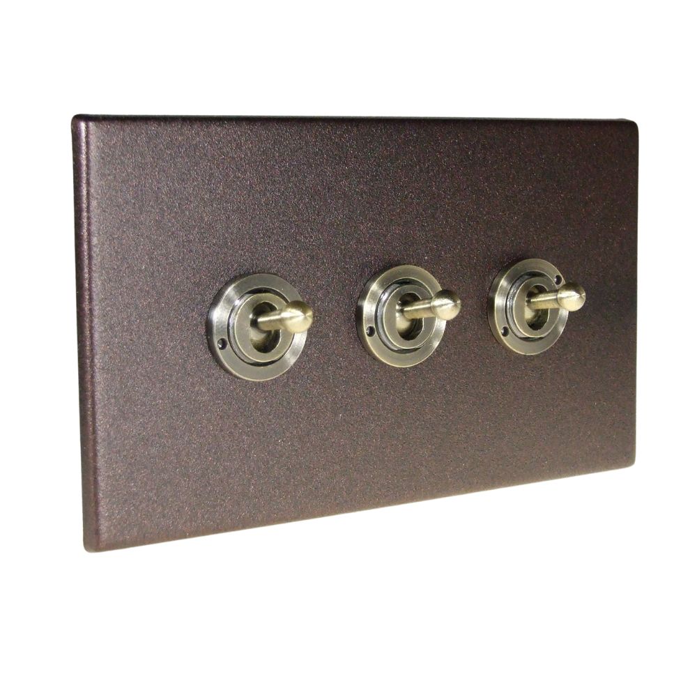 Copper Bronze Raised Metal Plate Triple Light Switch Antique Brass Period Toggle