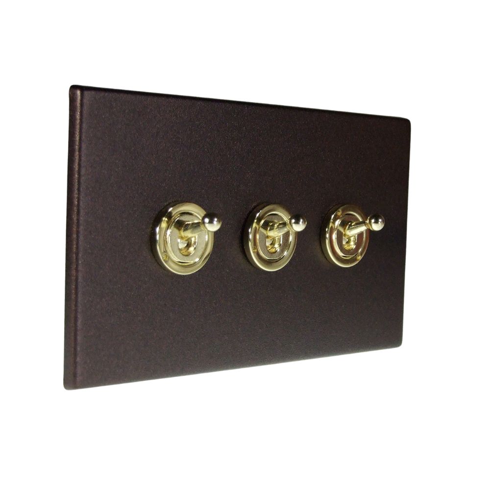 Copper Bronze Raised Metal Plate Triple Light Switch Polished Brass Period Toggle