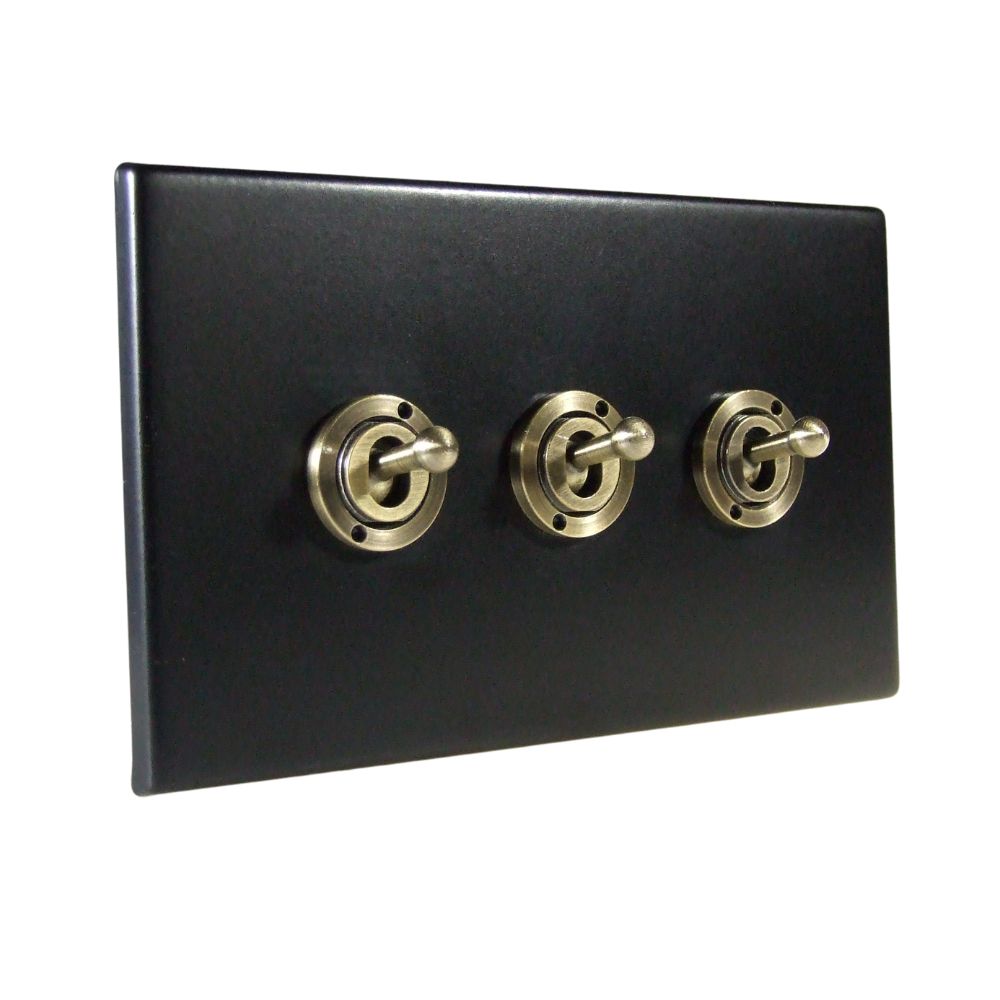 Matt Black Raised Metal Plate Triple Light Switch Antique Brass Period Toggle