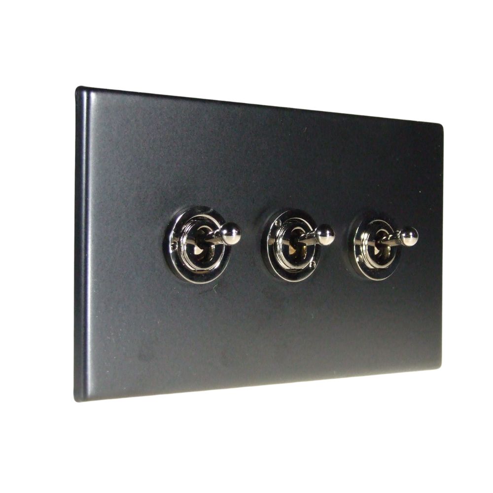 Matt Black Raised Metal Plate Triple Light Switch Black Nickel Period Toggle