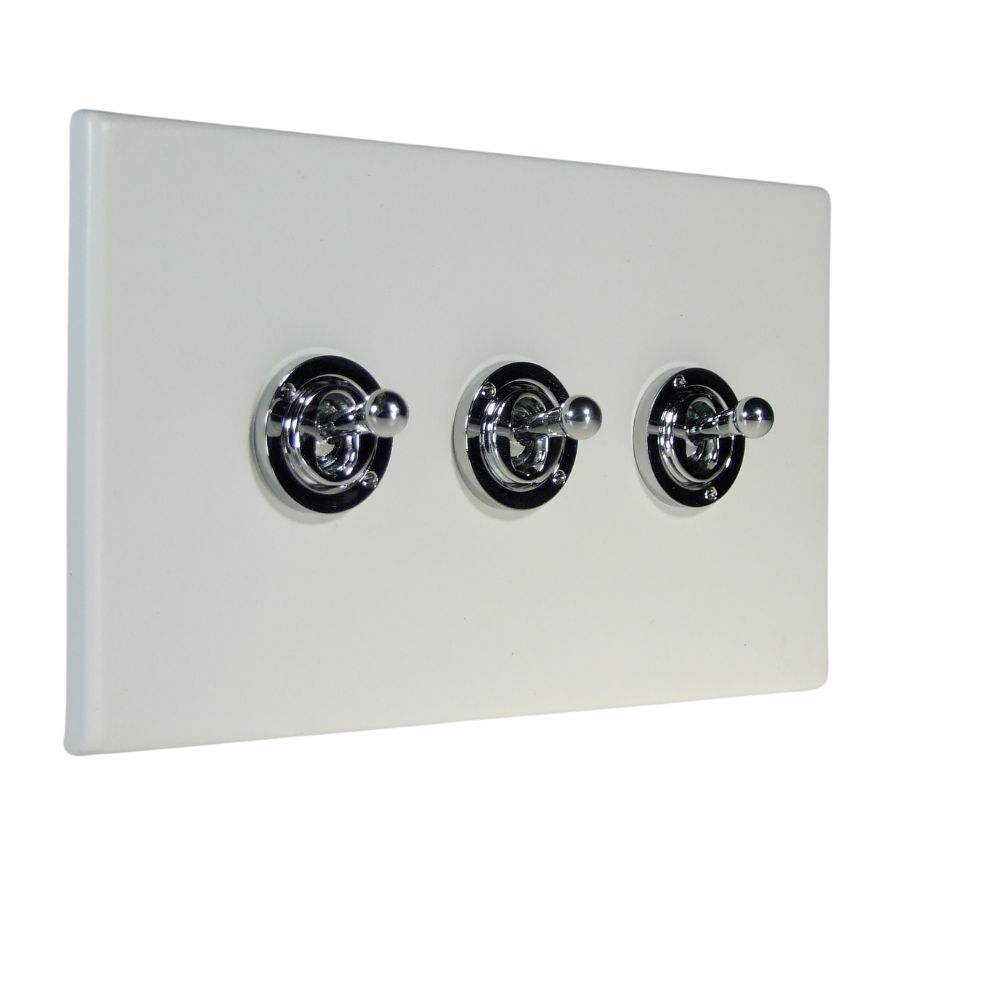 Matt White Raised Metal Plate Triple Light Switch Polished Chrome Period Toggle