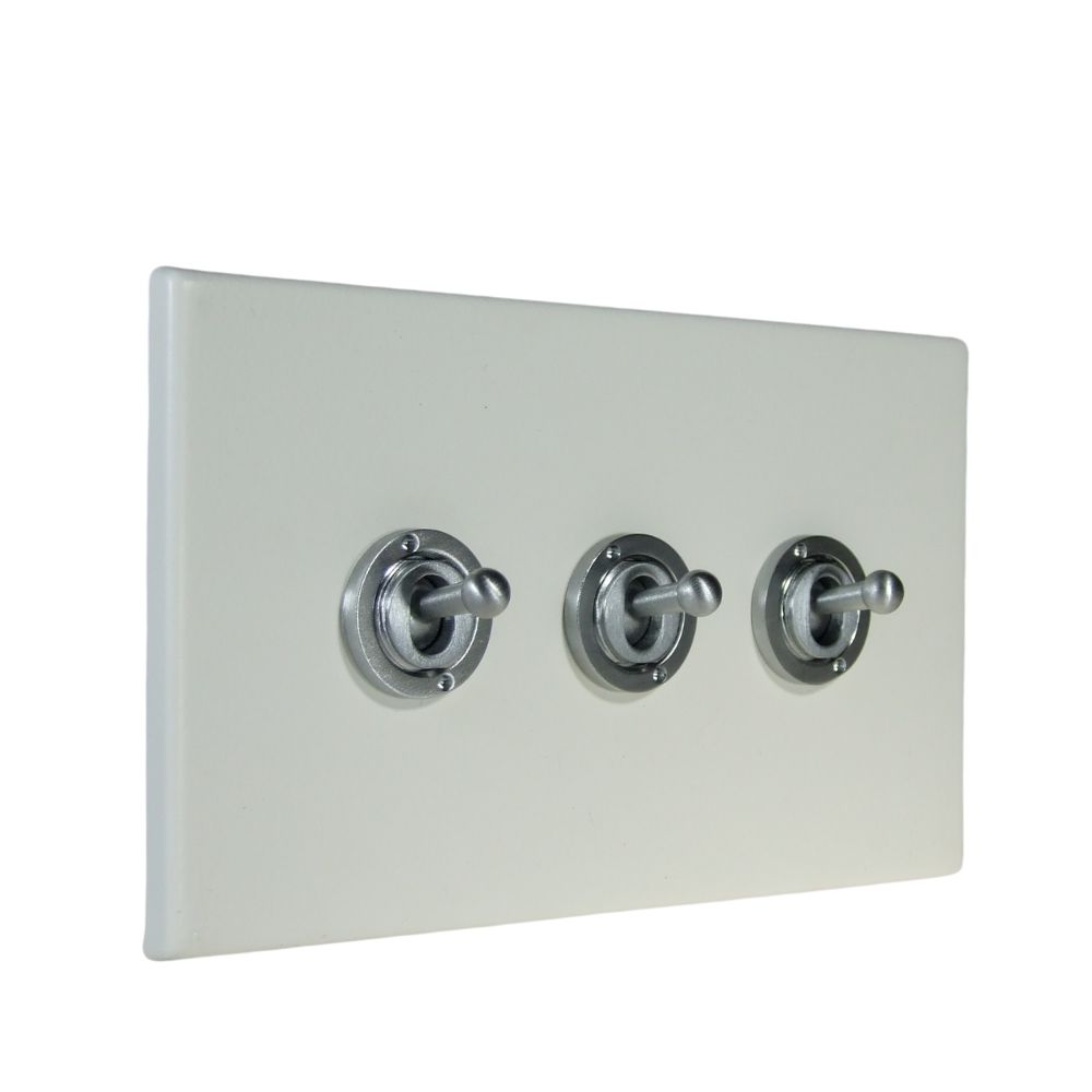 Matt White Raised Metal Plate Triple Light Switch Satin Stainless Period Toggle