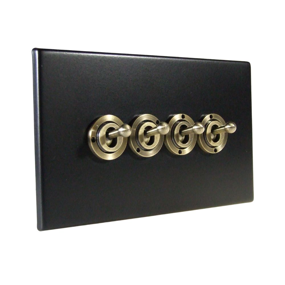Matt Black Raised Metal Plate 4 Light Switch Antique Brass Period Toggle
