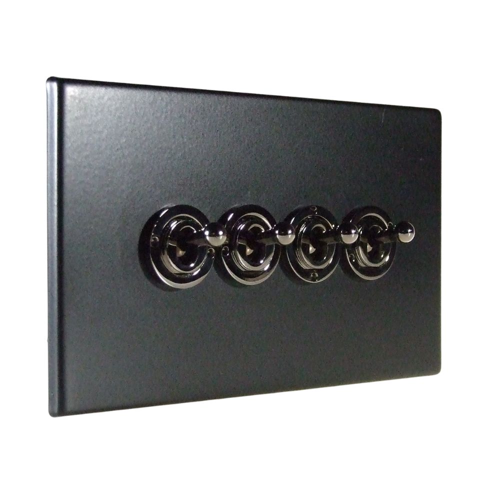 Matt Black Raised Metal Plate 4 Light Switch Black Nickel Period Toggle