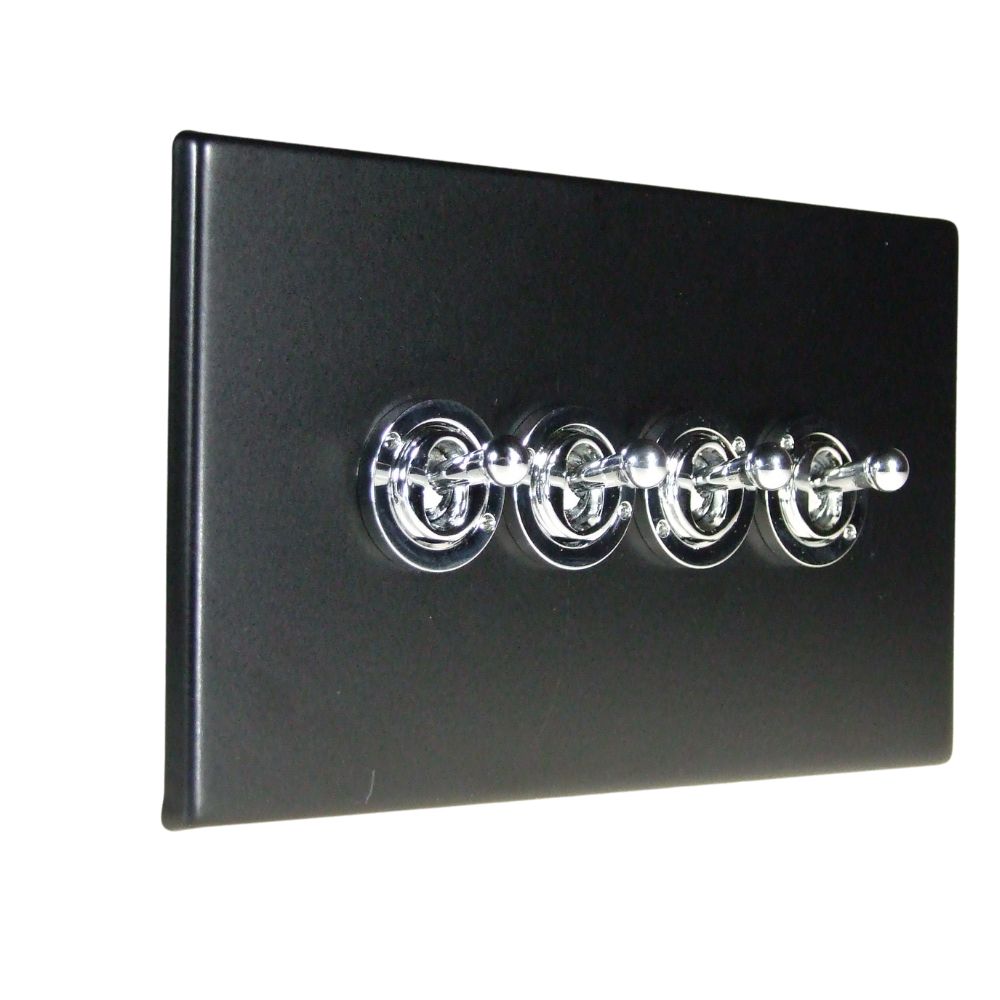 Matt Black Raised Metal Plate 4 Light Switch Polished Chrome Period Toggle