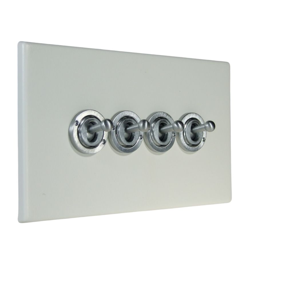 Matt White Raised Metal Plate 4 Light Switch Satin Stainless Period Toggle