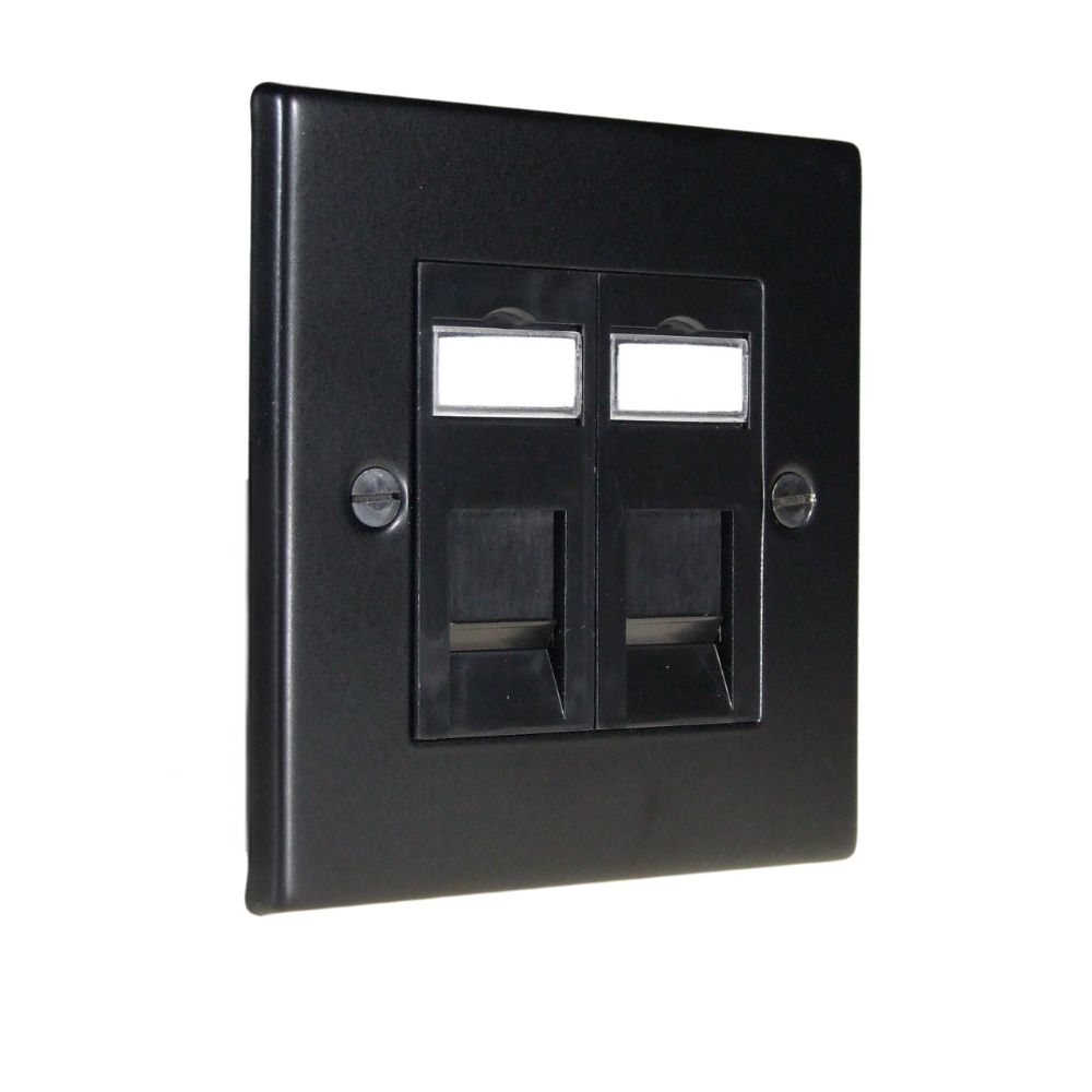 Matt Black Raised Metal Plate Double RJ45 Cat 6 Black
