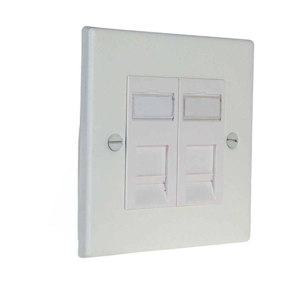 Matt White Raised Metal Plate Double RJ45 Cat 6 White