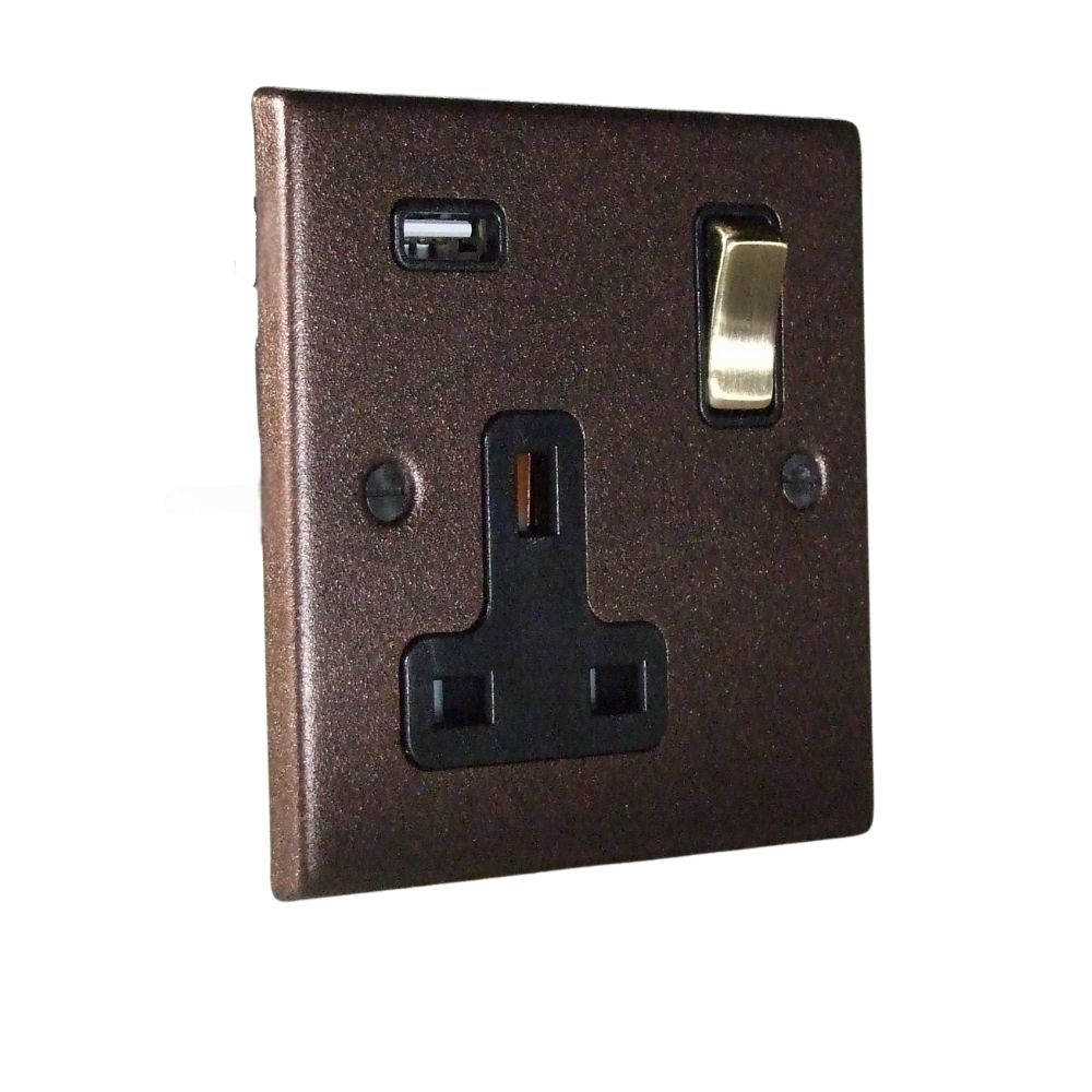 Copper Bronze Raised Metal Plate Single Switched USB Socket Antique Brass and Black