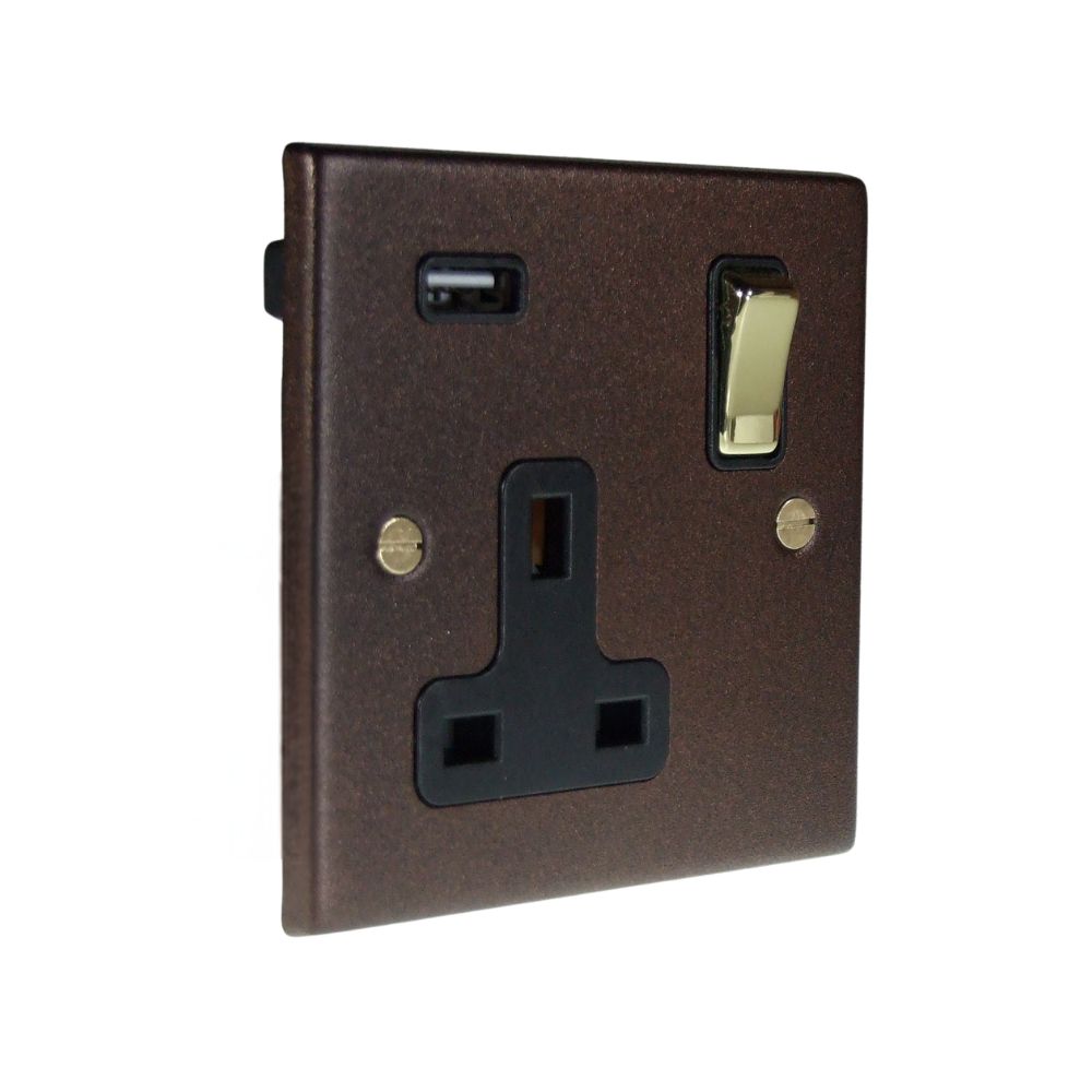 Copper Bronze Raised Metal Plate Single Switched USB Socket Polished Brass and Black