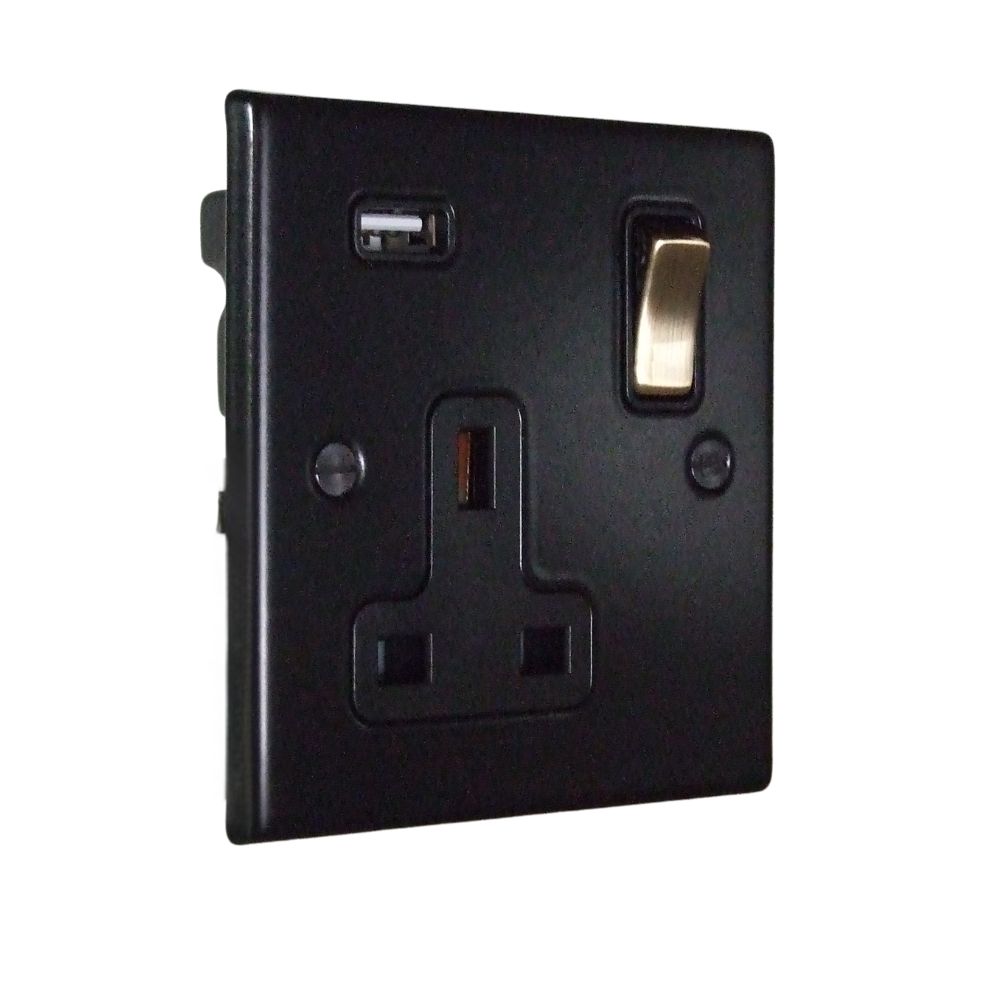 Matt Black Raised Metal Plate Single Switched USB Socket Antique Brass and Black