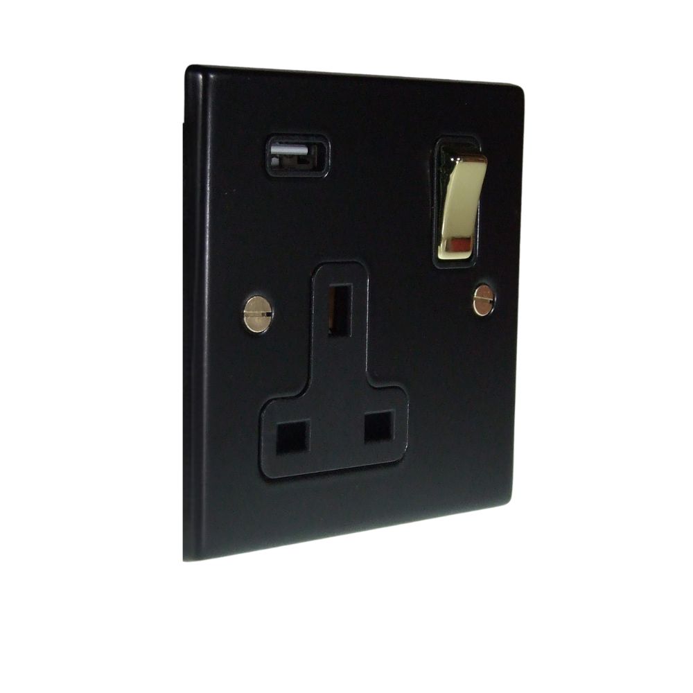 Matt Black Raised Metal Plate Single Switched USB Socket Polished Brass and Black